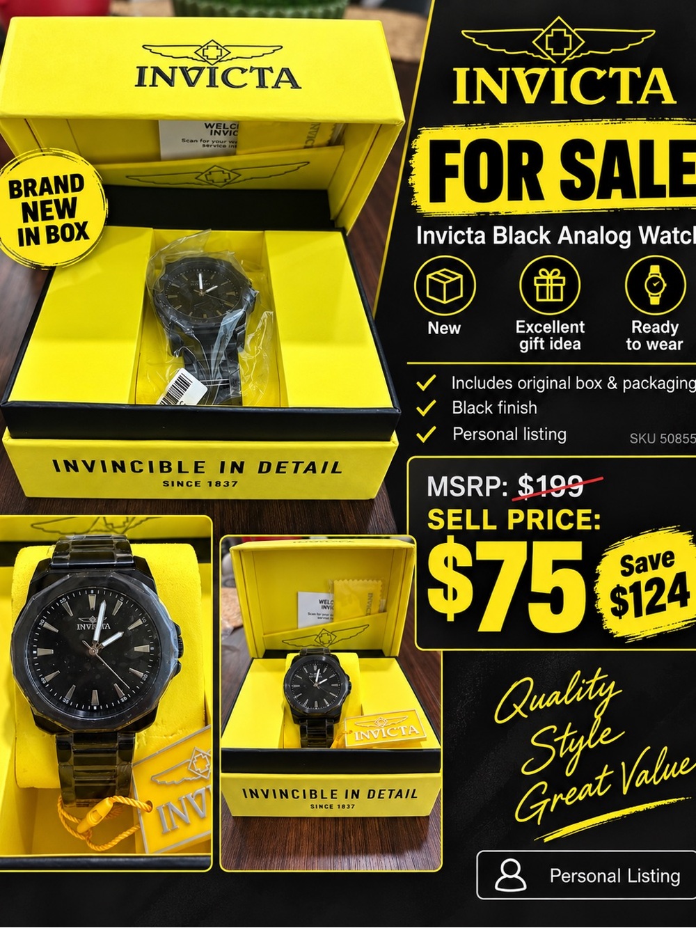 Invicta Men’s Black Watch with Metallic Accents